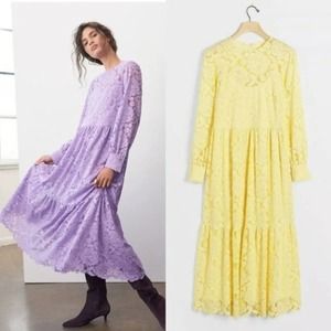 Hutch Anthropologie Dress Yellow Olivia Lace Long Sleeve Maxi Tiered  Size M
